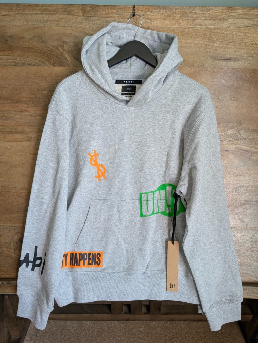 NWT Ksubi Collective Kash Hoodie Unisex L Gray Marle Graphic Print MPS23FL020